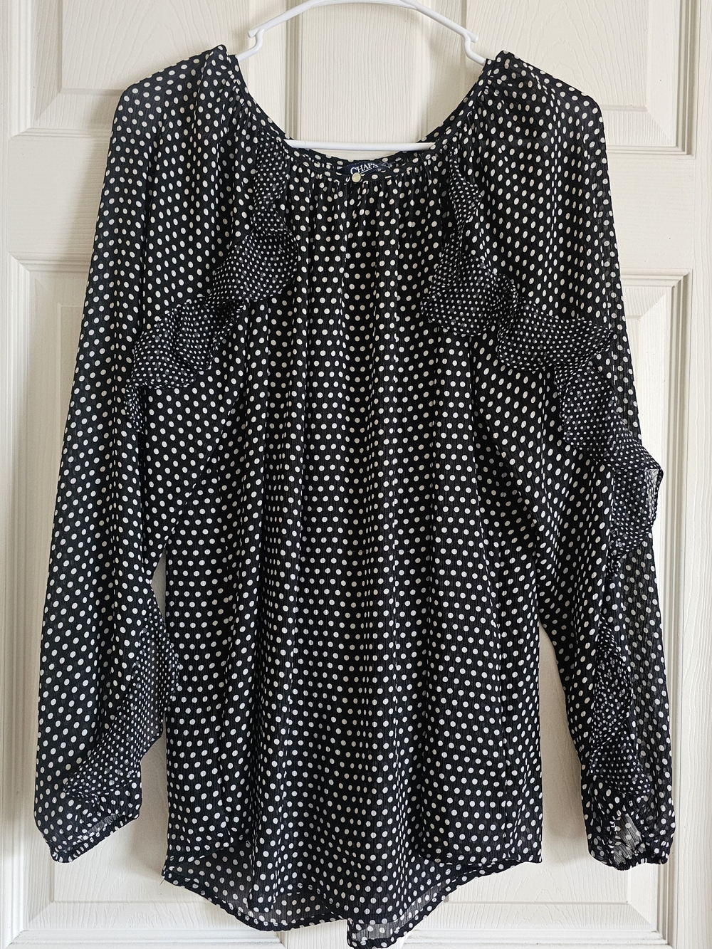 Chaps Black and White Polka Dot Ruffle Blouse
